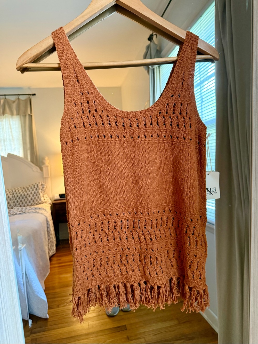NEW ANA Open Weave Crochet Knit Fringe Sleeveless Women’s Top